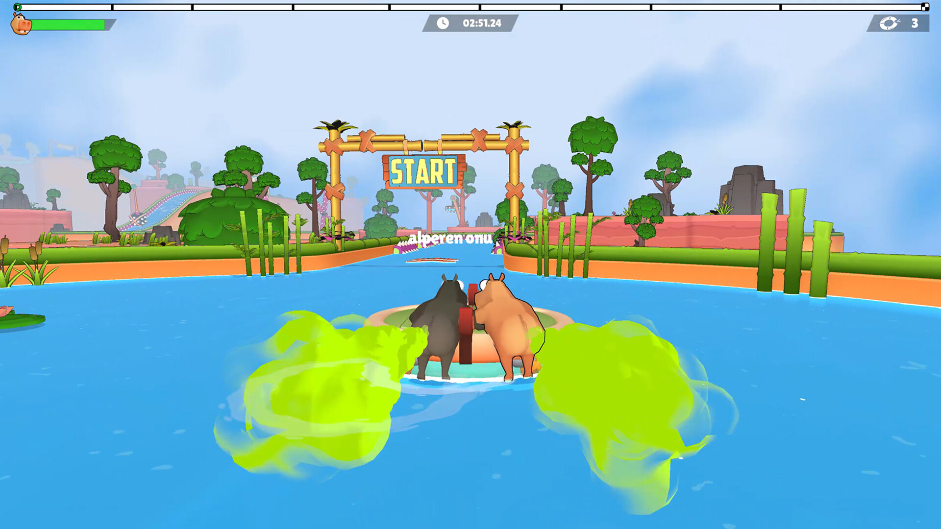 Two animal characters riding one round inflatable raft through the START gate of a course, with green fart clouds pushing them forward