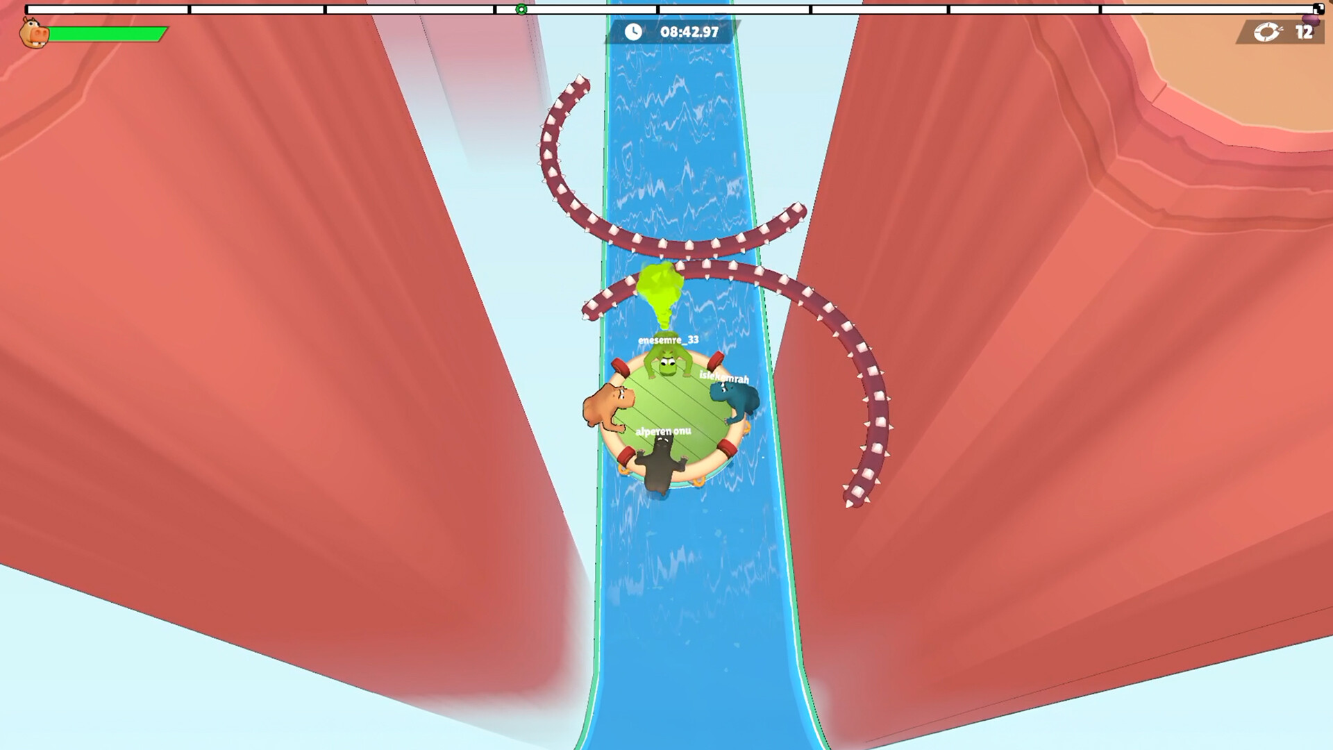 Four animals crowded on a green raft in a narrow canyon channel, passing under a striped tentacle hazard