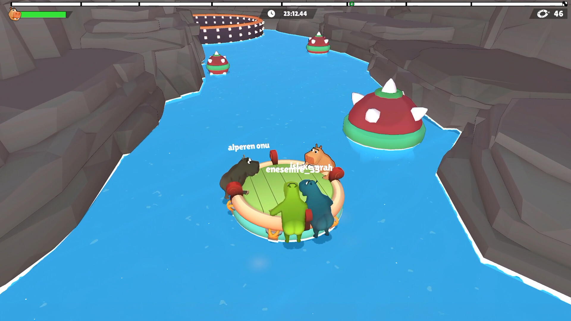 Four animals on a green raft steering between red spike-topped mine obstacles in a rocky canyon