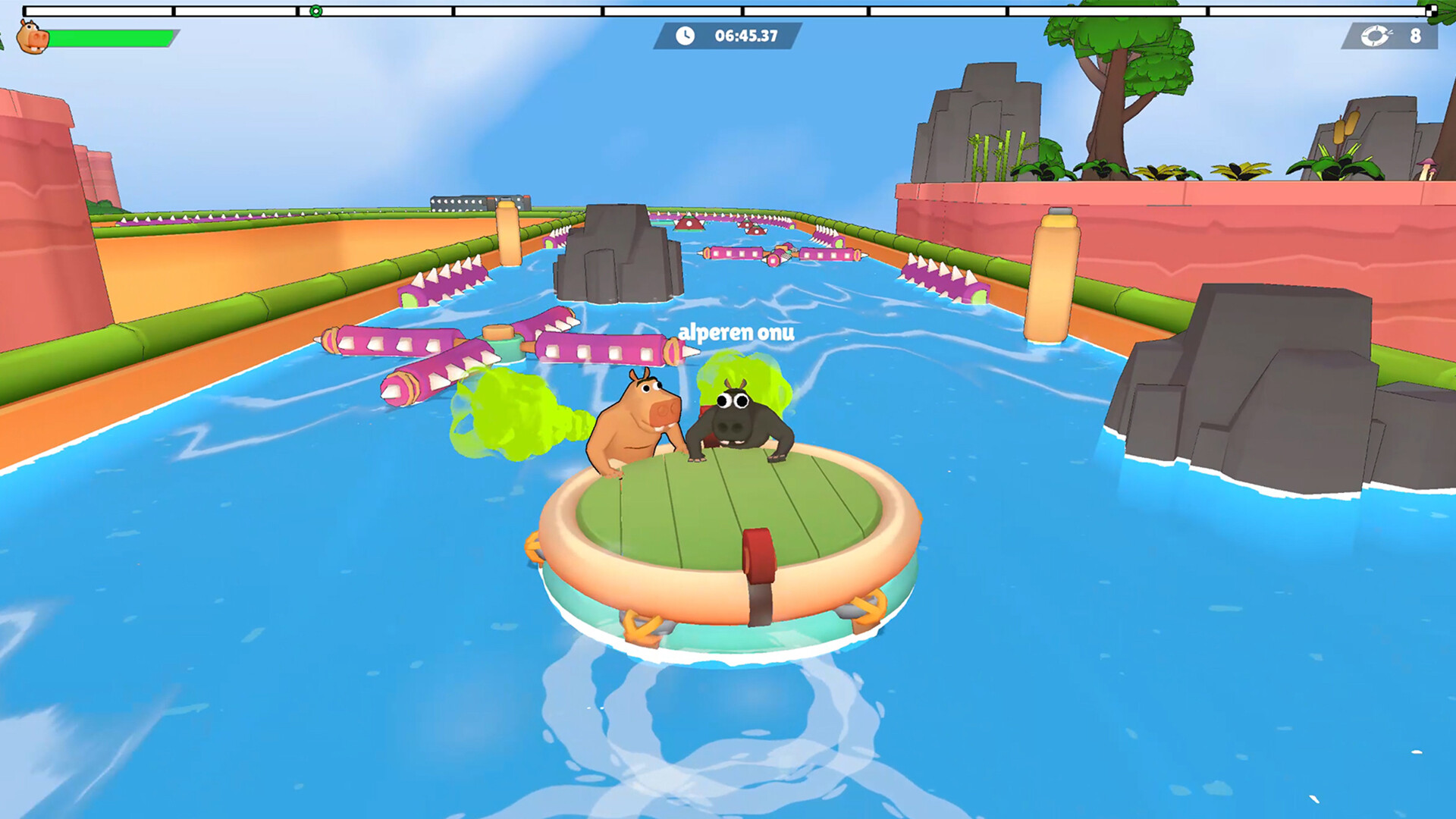 Two animals on an orange-rimmed raft approaching a crocodile-shaped spiked obstacle in a water channel