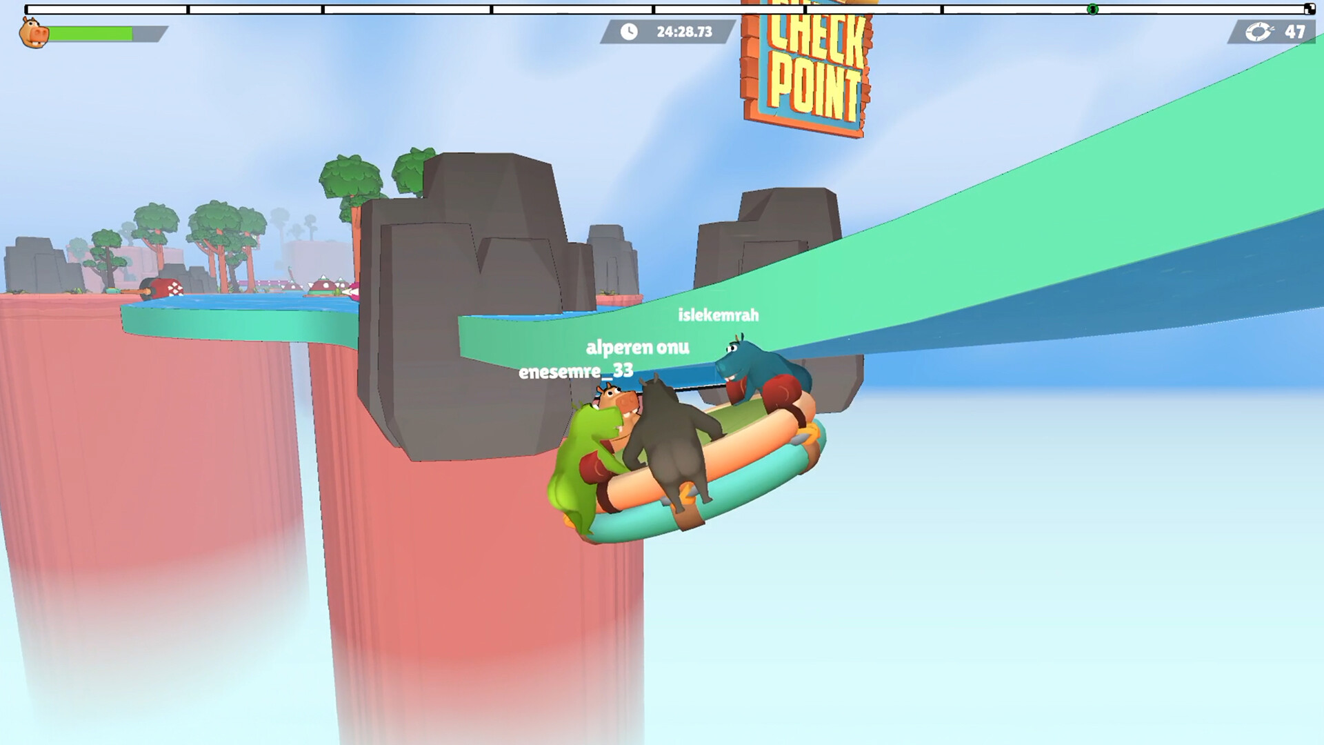 Four animals on a raft tipping over the edge of a cliff beside a CHECK POINT sign