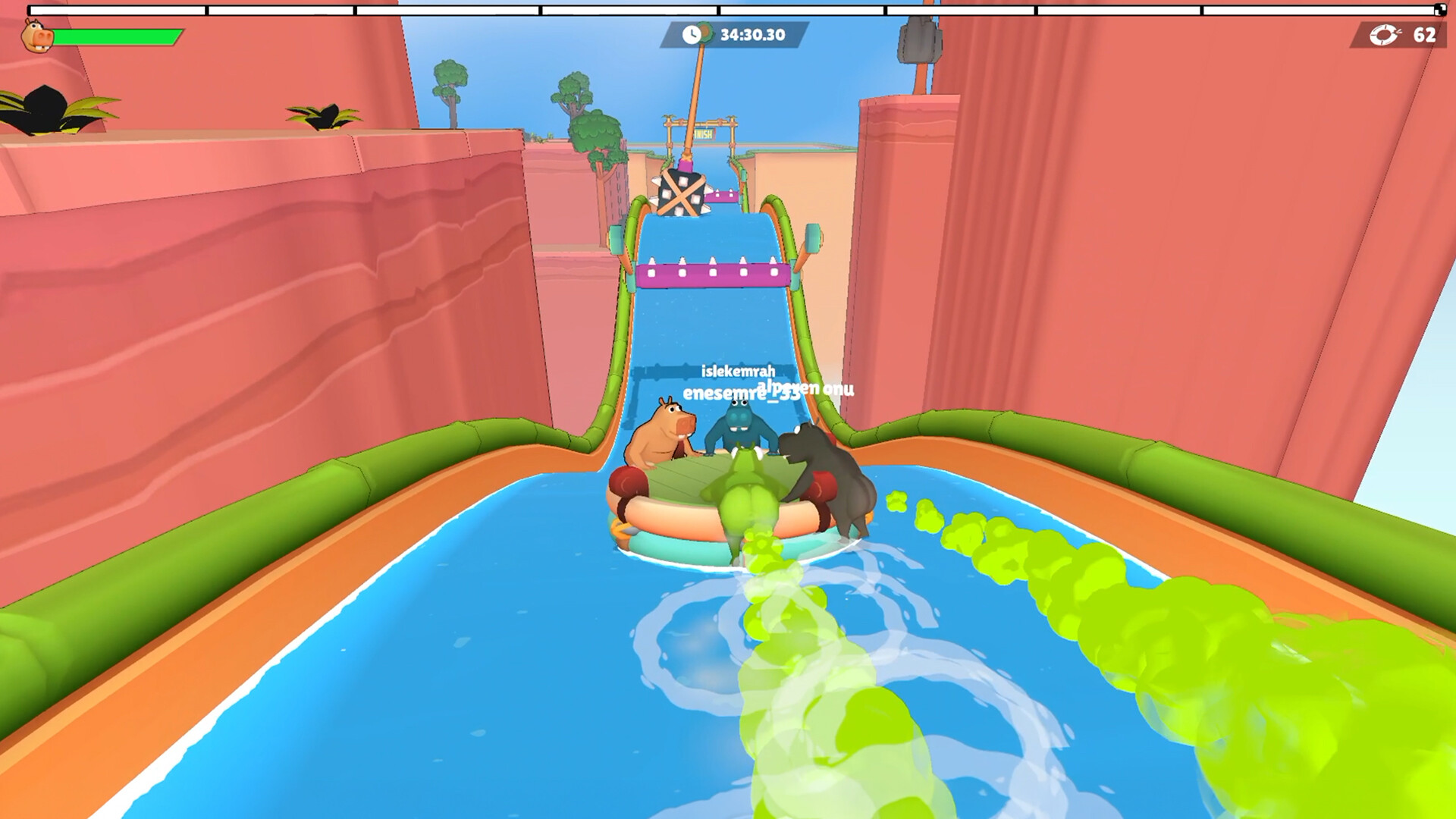 Four animals on a raft climbing a blue ramp toward a chequered finish gate